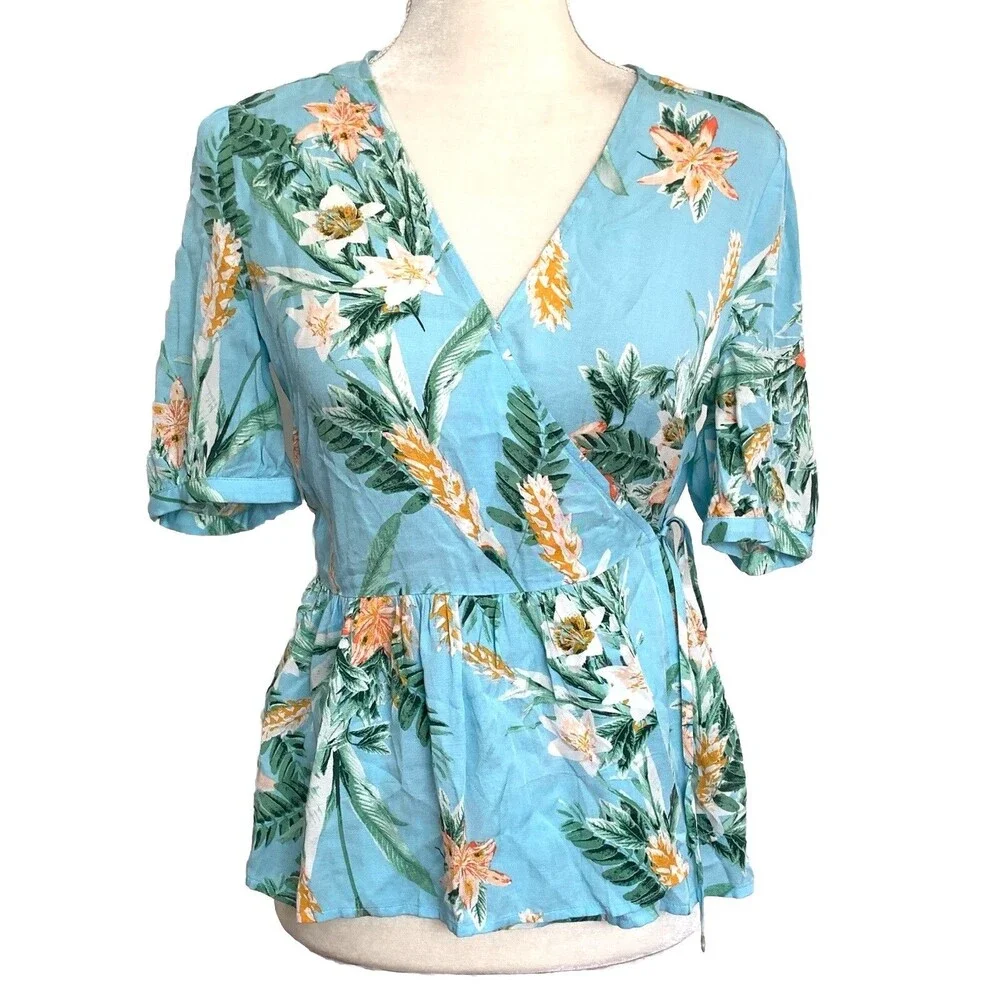 Lucky Brand Blue Tropical Floral Peplum Wrap Top Blouse Size S - Picture 2 of 6